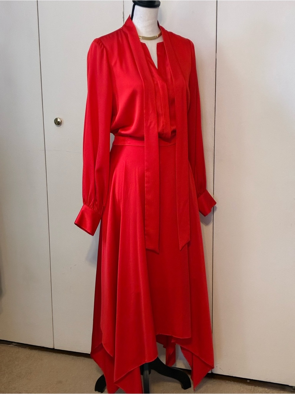 BCBG Red MaxAzria Dress with Long Sleeves and Handkerchief Hem in Fit and Flare